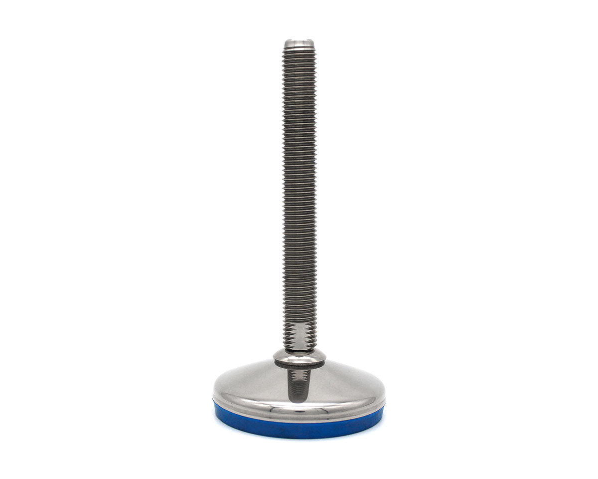 Stellfuß mit Gelenk VULCANIZED Edelstahl, Ø 80 mm, M10 x 100 mm Edelstahl, Hygienescheibe, Antirutsch EPDM blau