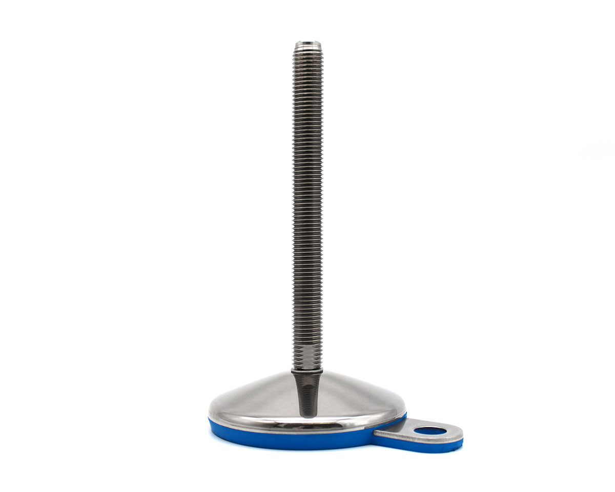 Stellfuß mit Gelenk VULCANIZED Edelstahl, Ø 100 mm, M16 x 175 mm Edelstahl, Lasche Ø 15 mm, Antirutsch EPDM blau