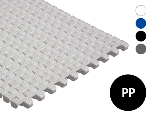 Modular plastic belt 12-448  closed surface, waffle structure, 2 % flow, p=12,5  PP white, blue, grey, FDA, USDA, FSIS