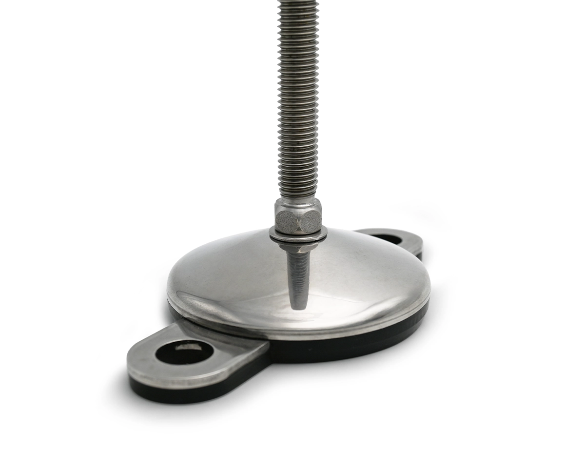 Maschinenfuß mit Gelenk VULCANIZED Edelstahl, Ø 60 mm, M14 x 100 mm Edelstahl, 2 Laschen Ø 15 mm, Antirutsch NBR schwarz, Detailansicht