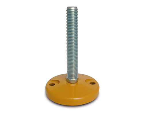 Element 1 von 2 (Bild) – Maschinenfuß / Stellfuß MASSIV Stahl, Ø 120 mm, M30 x 150 mm, gelb, Bohrungen