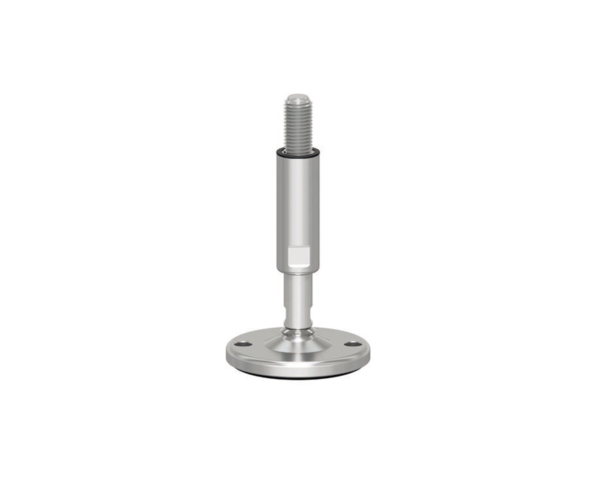 Gelenkfuß TEKNOCLEAN MASSIV, Ø 80 mm Edelstahl, M20 x 200 mm Edelstahl, Verstellweg 70 mm, Hülse 85 mm, Bohrungen Ø 10, 5 mm