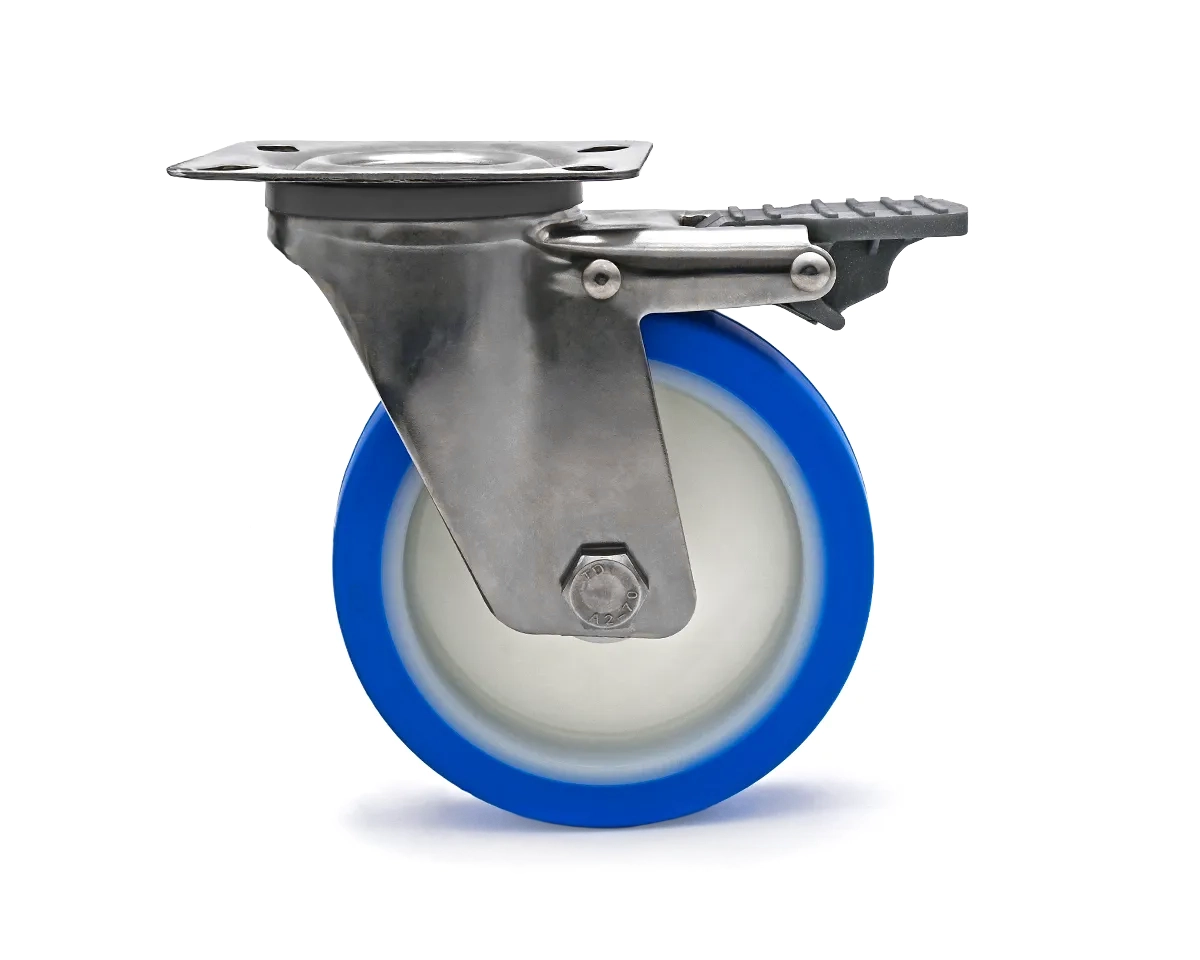 Swivel castor, stainless steel 1.4301, Ø 80 mm, PU blue, 82 Shore, total height 110 mm, with plastic parking brake,           Other versions on request