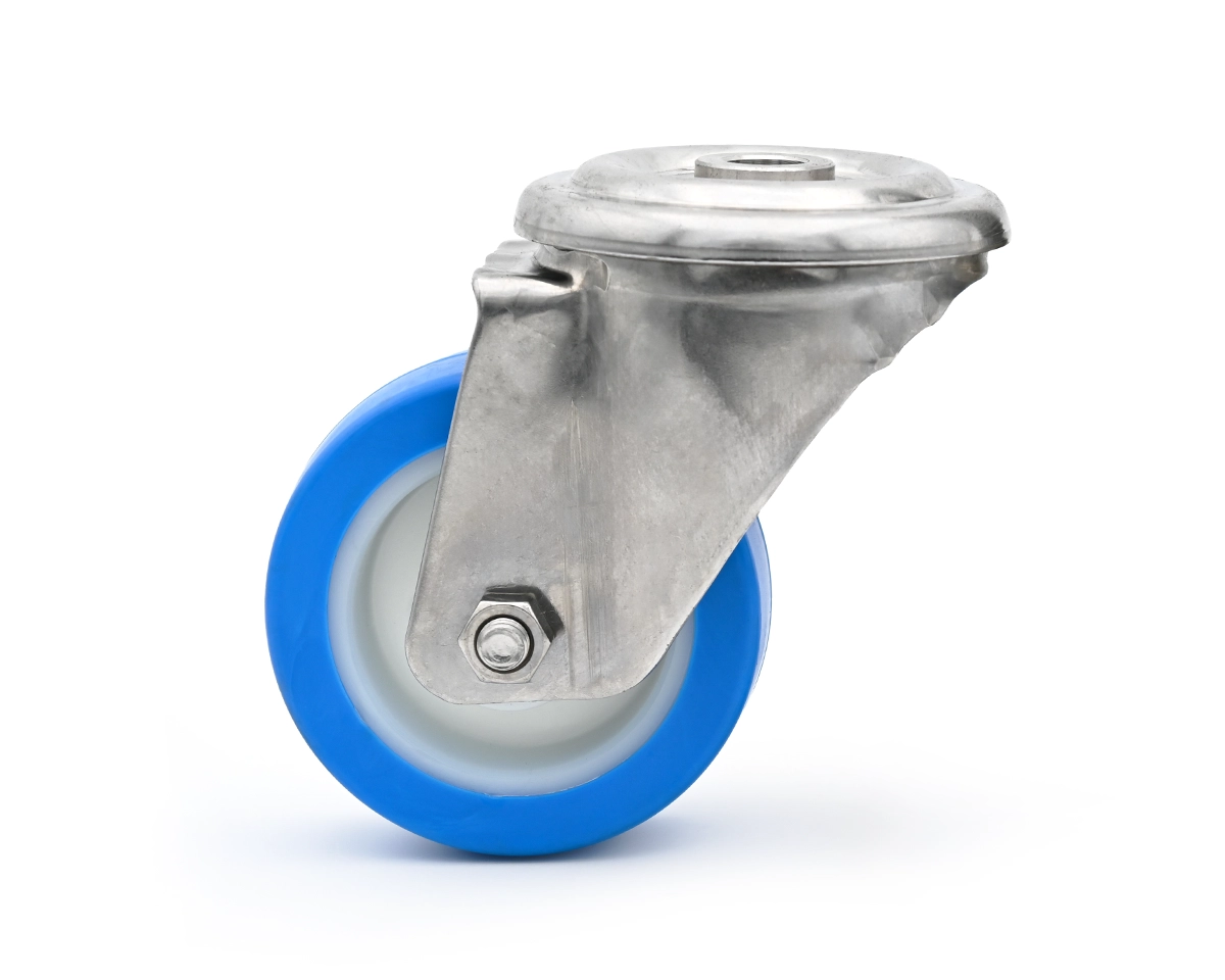 Swivel castor, zink plated, Ø 100 mm, PU blue, 82 Shore, total height 131 mm