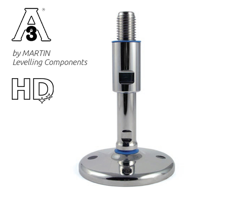 Maschinenfuß / Gelenkfuß TEKNO-HYGIENIC 3-A, Ø 150 mm Edelstahl, M36 x 235 mm, Bohrungen