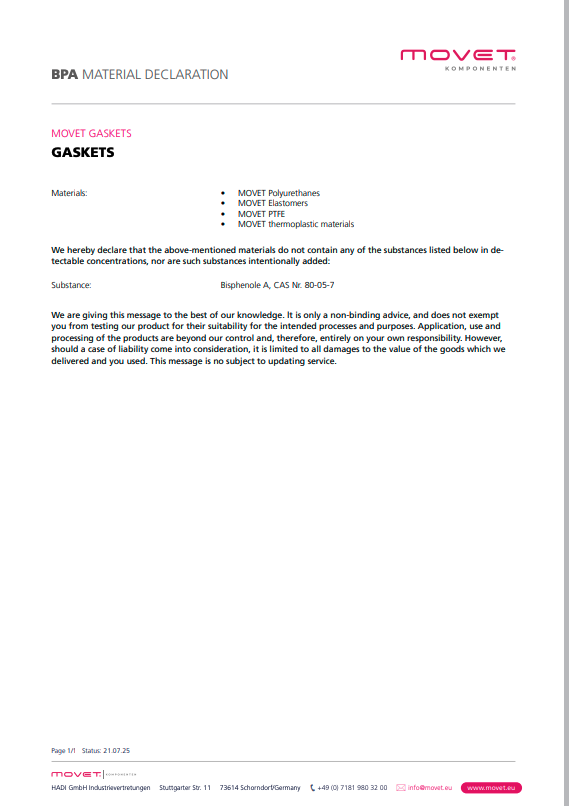 BPA Declaration Gaskets and Back Seals