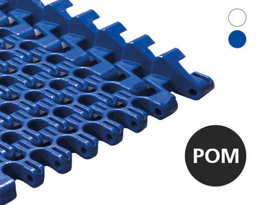 Modular radius belt S100R, hook, lattice-shaped surface, 57 % flow, 25 mm pitch, POM, FDA