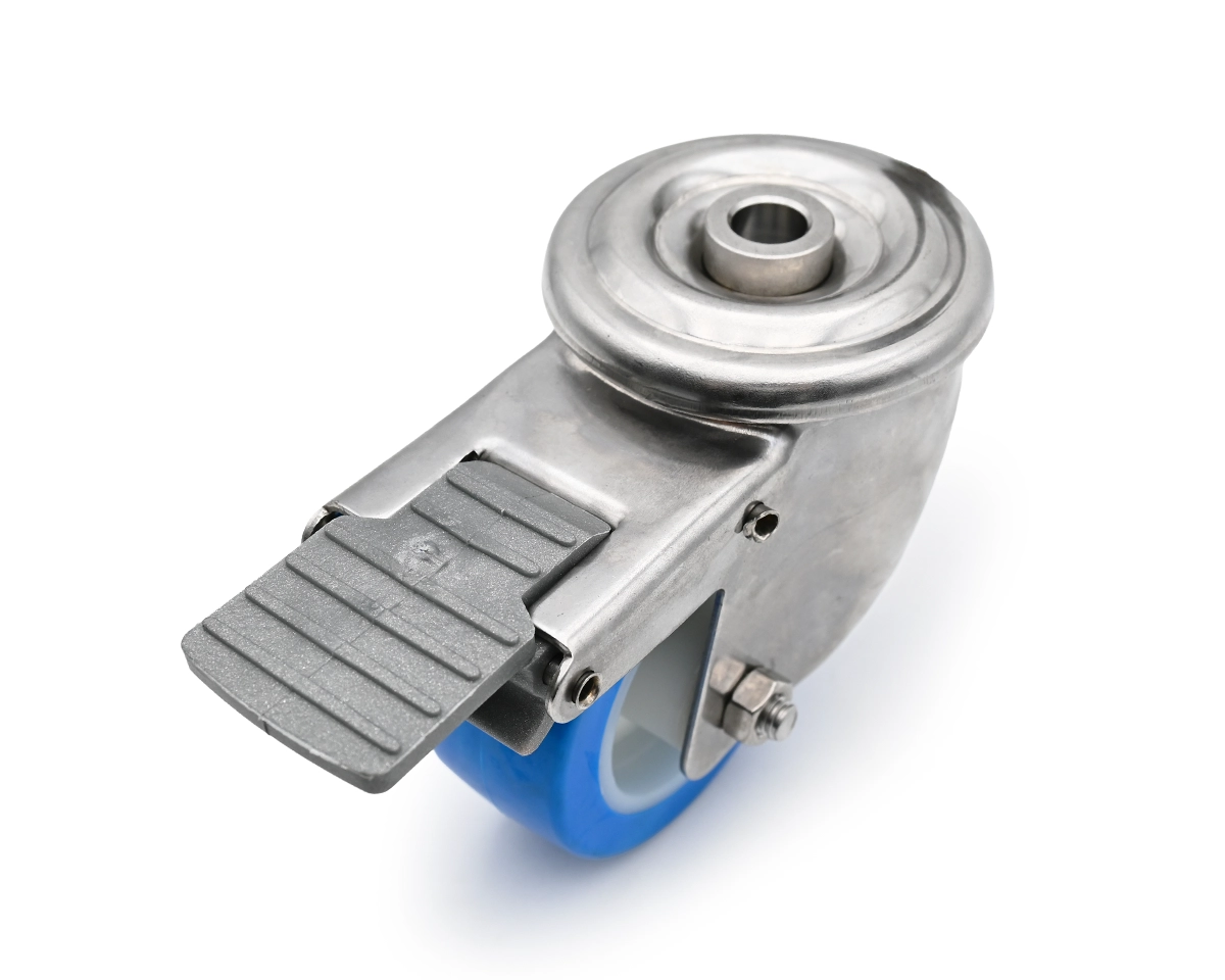 Element 3 of 3 (image) – Swivel castor, zinc plated, Ø 100 mm, PU blue, 82 Shore, plastic parking break, total height 131 mm
