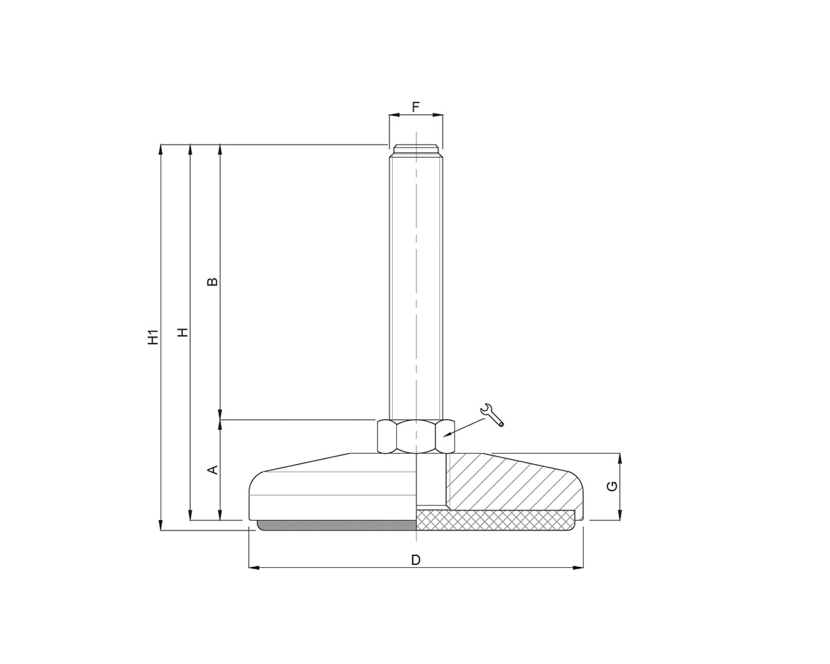 Element 4 von 4 (Bild) – Maschinenfuß / Stellfuß MASSIV Stahl, Ø 120 mm, M30 x 150 mm, gelb, NBR