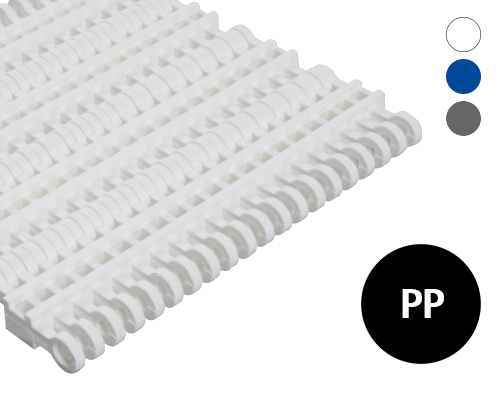 Modular plastic belt 50-300 lattice-shape cross bars, 27 % flow, p=50  PP white, blue, grey, FDA, USDA, FSIS
