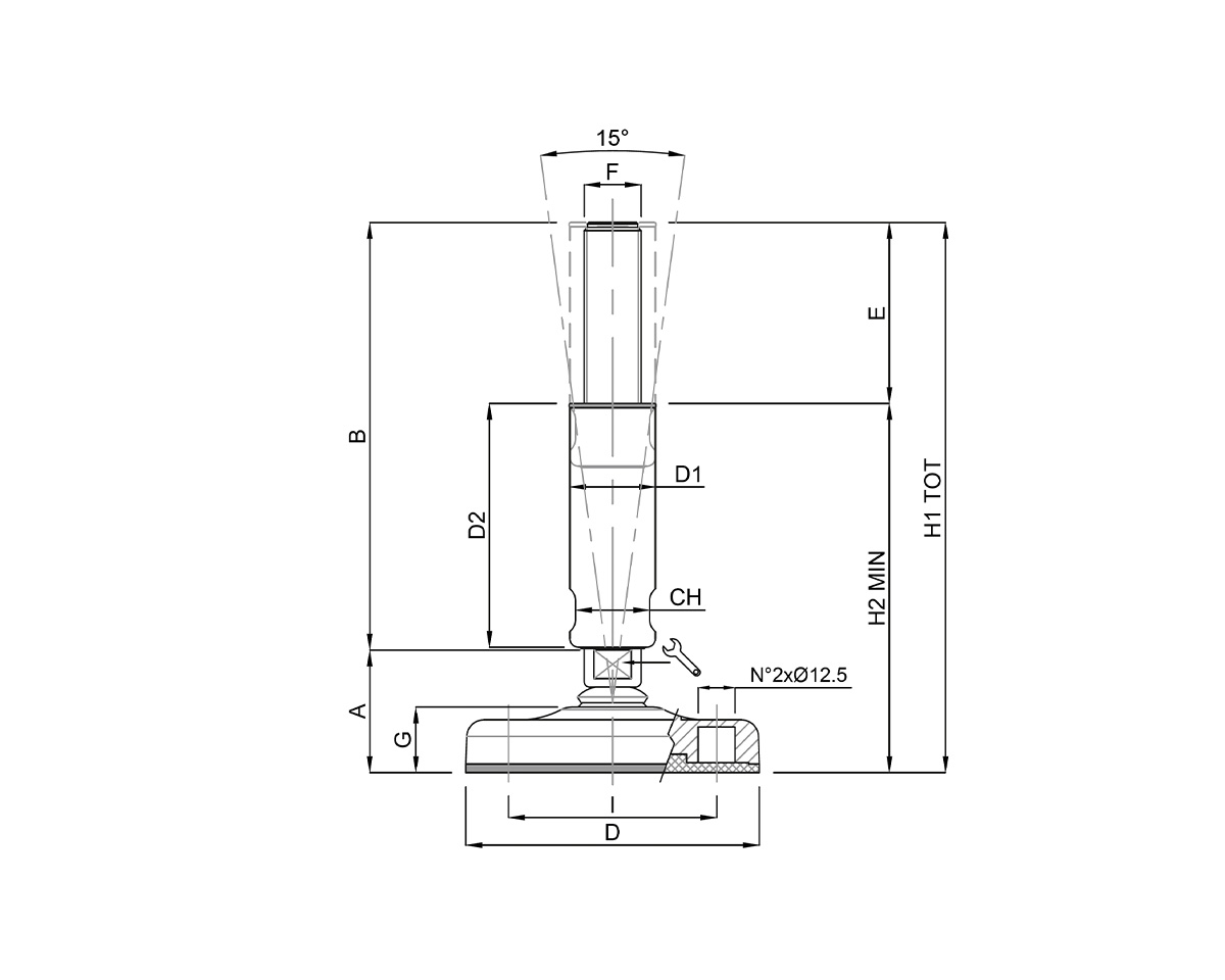 Element 2 von 3 (Bild) – Maschinenfuß / Gelenkfuß TEKNOCLEAN, PA blau Ø 123 mm, M24 x 150 mm Edelstahl, Bohrungen, NBR