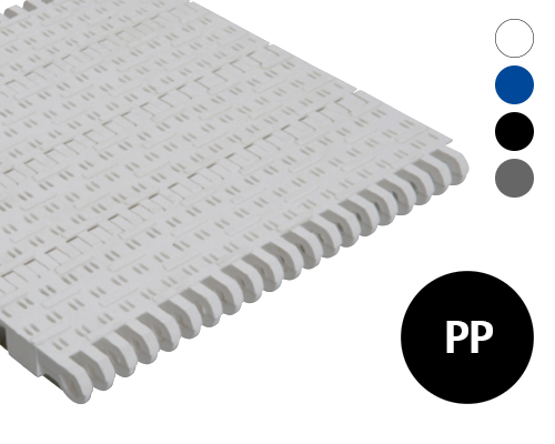 Modular belt 50-610 perforated flat top, 1 mm ribs, 9 % flow, p=50  PP white, blue, grey, FDA, USDA, FSIS
