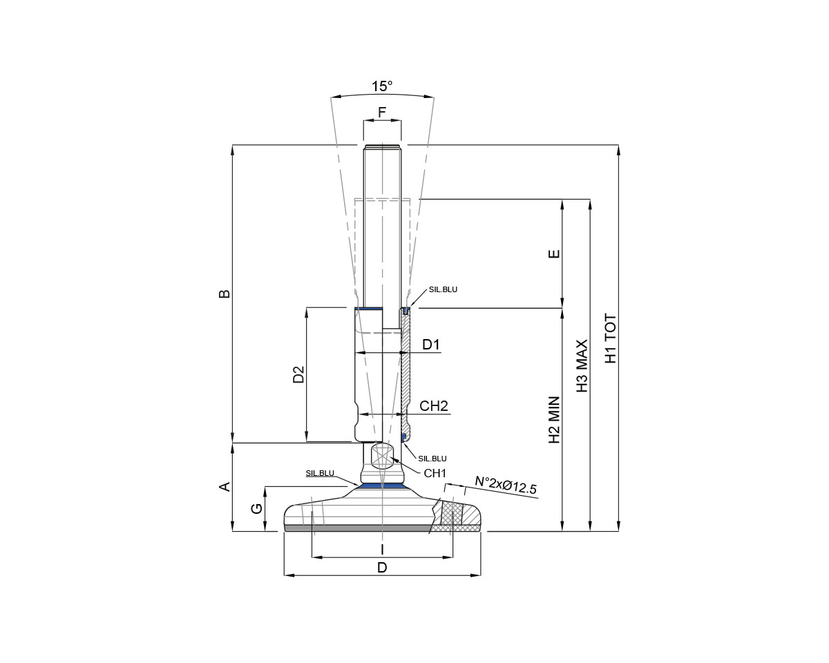 Element 3 von 4 (Bild) – Maschinenfuß / Gelenkfuß TEKNO-HYGIENIC 3-A, Ø 200 mm Edelstahl, M36 x 140 mm, Bohrungen, NBR