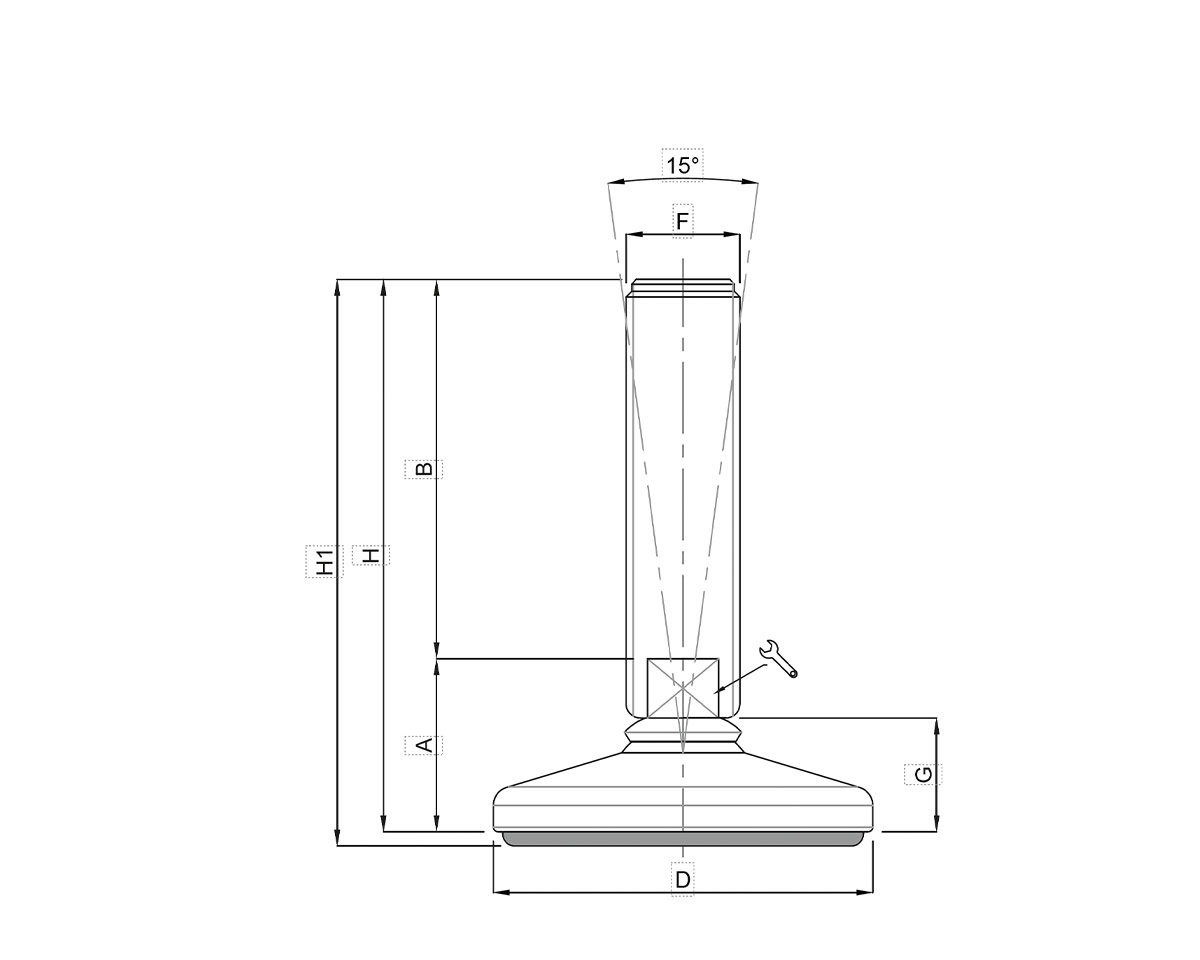 Element 2 von 2 (Bild) – MASSIV 15° Gelenkfuß Edelstahl Ø 80, Spindel M16 x 150
