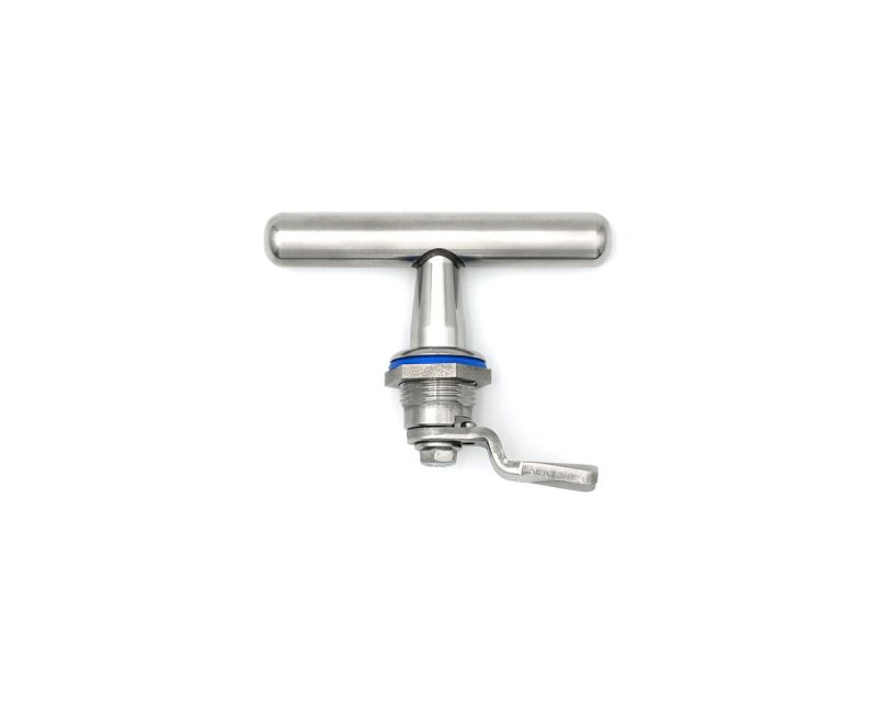 Drehriegel 90° Edelstahl gebürstet 3A zertifiziert mit T-Griff, 3-A zertifizierte Silikondichtung blau, Ø 28 mm, H = 28 mm