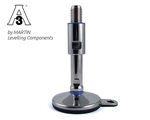 Nivellierfuß mit Gelenk TEKNO-HYGIENIC 3-A, Ø 60 mm, M12 x 140 mm Edelstahl, Verstellweg 45 mm, Hülse 60 mm, Lasche Ø 15 mm