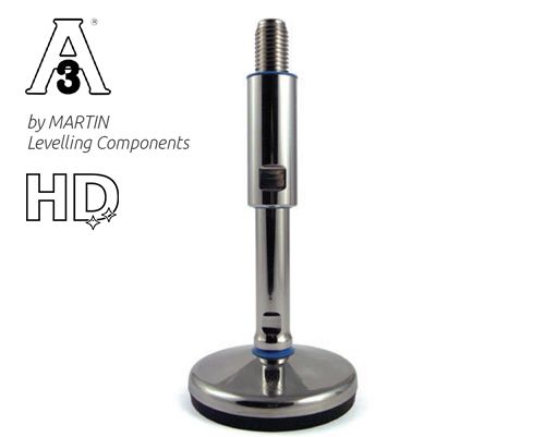 Stellfuß mit Gelenk TEKNO-HYGIENIC 3-A, Ø 120 mm, M36 x 190 mm Edelstahl, Verstellweg 65 mm, Hülse 85 mm, Antirutsch NBR