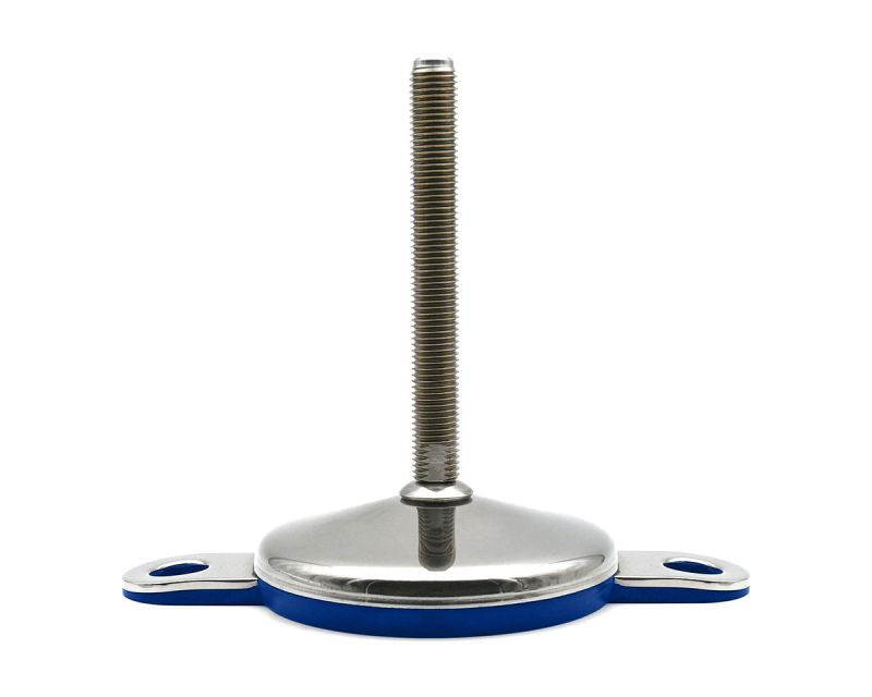 Gelenkfuß VULCANIZED Edelstahl, Ø 60 mm, M10 x 50 mm Edelstahl, Hygienescheibe, 2 Laschen Ø 15 mm, Antirutsch EPDM blau