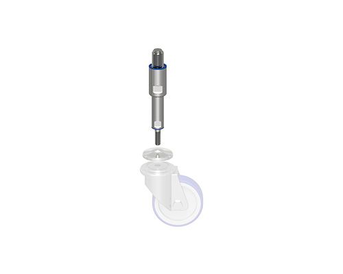 TEKNOCLEAN Spindel für Lenkrollen, Edelstahl M24x200, Hülse 70mm, Anschluss-Zapfen M12x37, Verstellweg 110-180mm, Dichtung