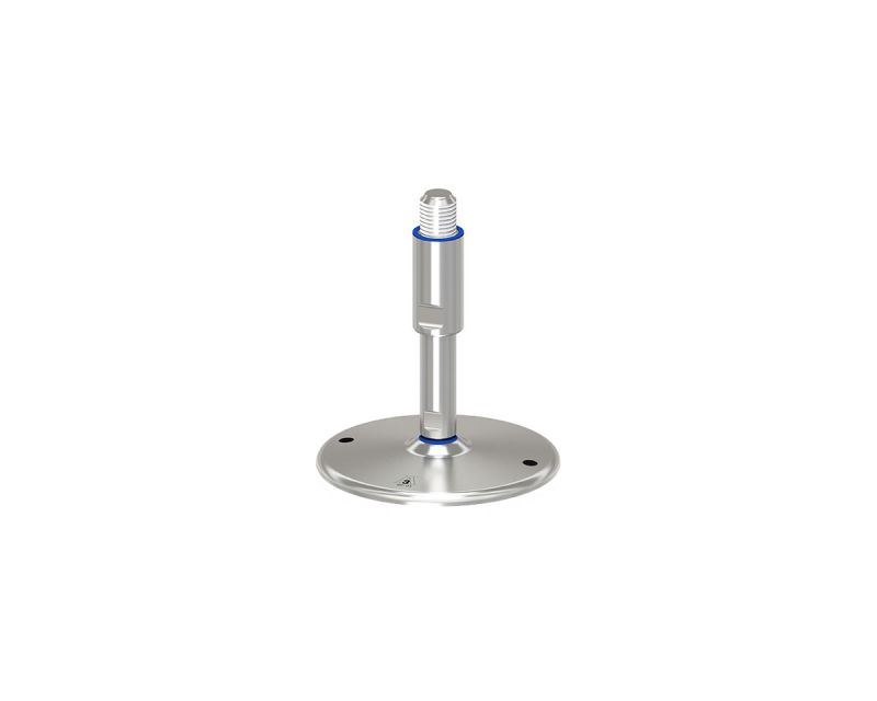Stellfuß mit Gelenk TEKNO-HYGIENIC 3-A, Ø 200 mm, M36 x 190 mm Edelstahl, Verstellweg 65 mm, Hülse 85 mm, Bohrungen Ø 12, 5