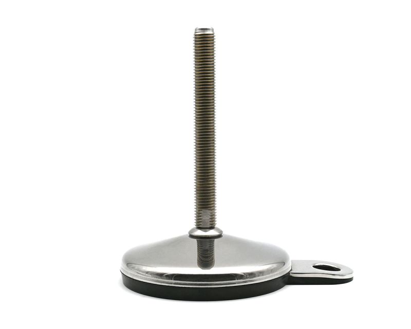 Maschinenfuß mit Gelenk VULCANIZED Edelstahl, Ø 100 mm, M30 x 150 mm Edelstahl, Hygienescheibe, Lasche Ø 15 mm, Antirutsch