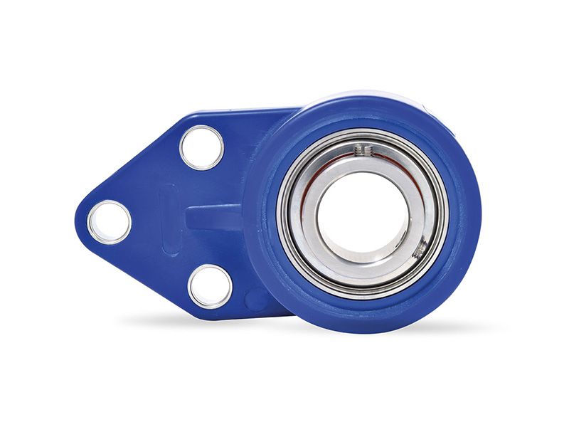 MOVET® Blue Hygiene 3-Loch Flanschlager FBL 202, PBT Kunststoff Gehäuse blau, ohne Schmiernippel, MB Einsatz Edelstahl, Ø 15