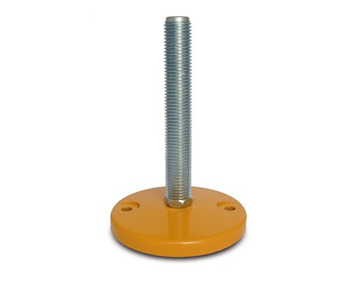 Maschinenfuß / Stellfuß MASSIV Stahl, Ø 159 mm, M30 x 150 mm Stahl verzinkt, pulverbeschichtet gelb, Bohrungen Ø 12, 5 mm