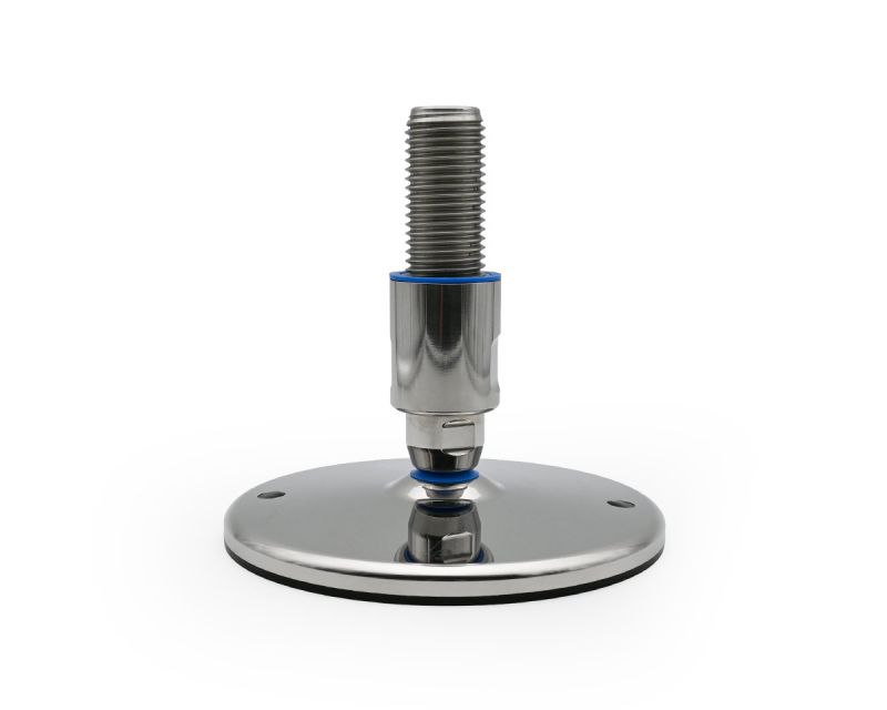 Gelenkfuß TEKNO-HYGIENIC 3-A, Ø 200 mm, M36 x 190 mm Edelstahl, Verstellweg 65 mm, Hülse 85 mm, Bohrungen Ø 12, 5 mm