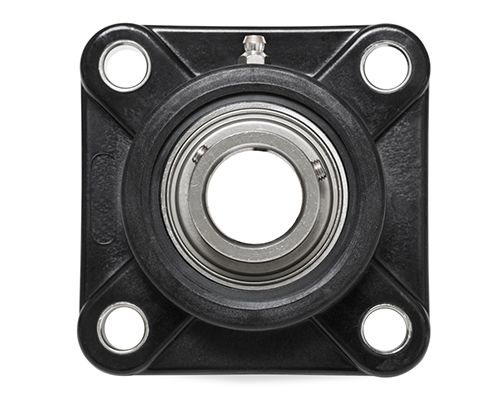 4-Loch Flanschlager FPL 206, PBT Kunststoff Gehäuse schwarz, Bohrungsabstand 83 mm, MUC Einsatz Edelstahl, Ø 30 mm