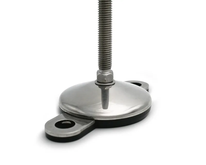 Maschinenfuß mit Gelenk VULCANIZED Edelstahl, Ø 60 mm, M14 x 100 mm Edelstahl, 2 Laschen Ø 15 mm, Antirutsch NBR schwarz, Detailansicht