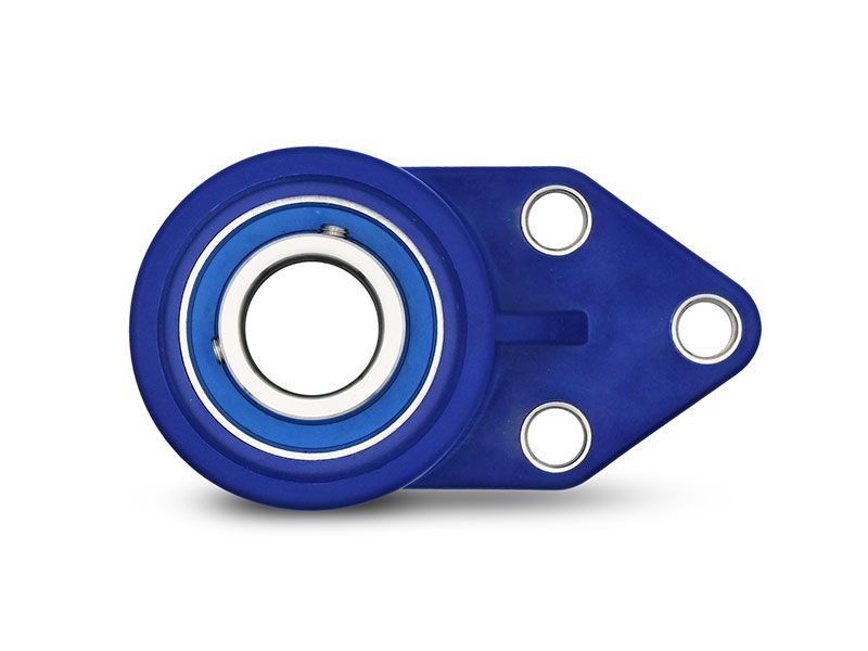 MOVET® Blue Hygiene 3-Loch Flanschlager FBL 205, PBT Kunststoff Gehäuse blau, ohne Schmiernippel, MB Einsatz Edelstahl mit